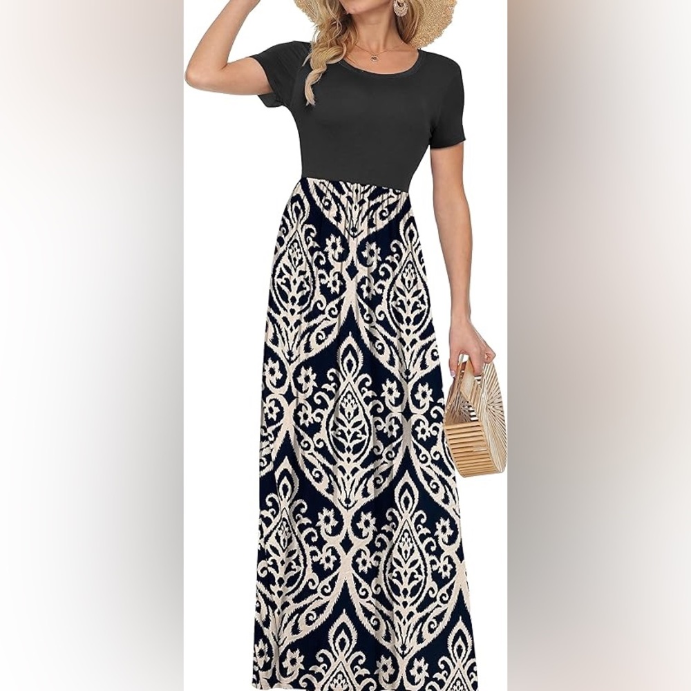 Women’s Short Sleeve Casual Long Maxi Dress w Pockers, Medium